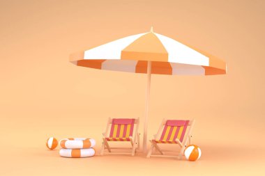 Üç boyutlu. Plaj şemsiyesi, plaj topu, yüzme yüzüğü ve plaj sandalyesi. Yaz seyahati ve tatil konsepti