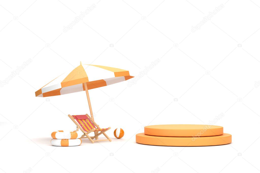 3D. beach umbrella, beach ball, swimming ring and beach chair. Summer travel and holiday concept