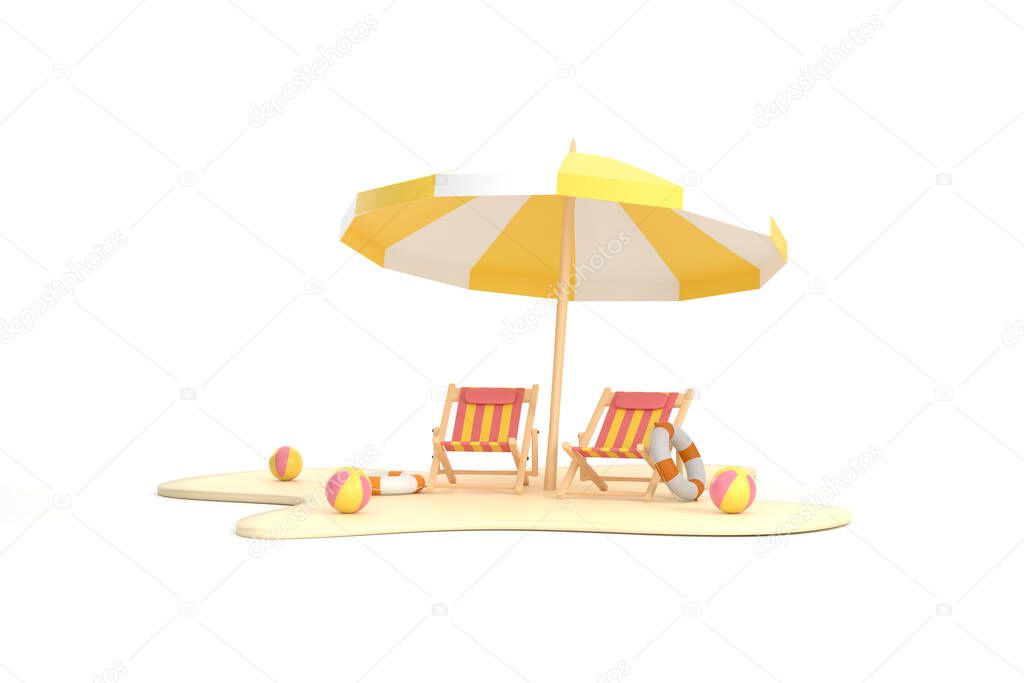 3D. beach umbrella, beach ball, swimming ring and beach chair. Summer travel and holiday
