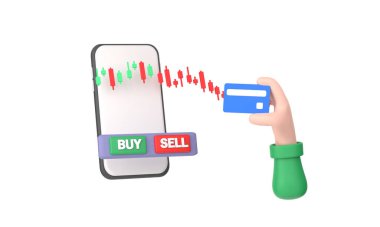 Üç boyutlu. Ekranda borsa uygulaması olan kredi kartı ve akıllı telefon ödemeleri veya işlemleri yapıyor