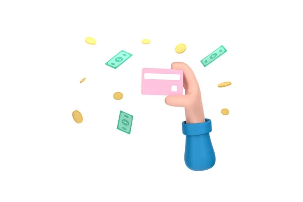 Een Cartoon Hand Met Creditcards Munten Bankbiljet Backgroun — Stockfoto