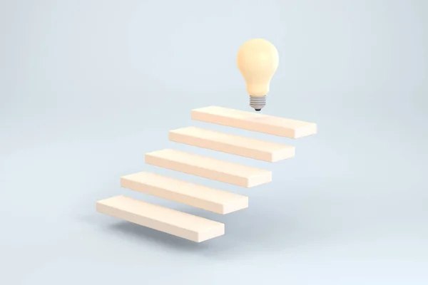 3d. block set up for staircase with light bulbs on the top point. Business success and create idea concep
