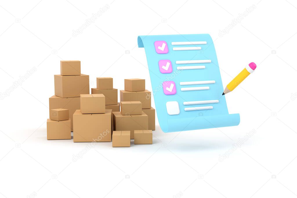 3D. Package box with check list. Logistic fast online delivery concept
