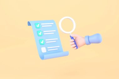 Üç boyutlu. El ele tutuşan kağıt ve el ele tutuşan büyüteç. İşaretli kağıt, kene simgeleri.