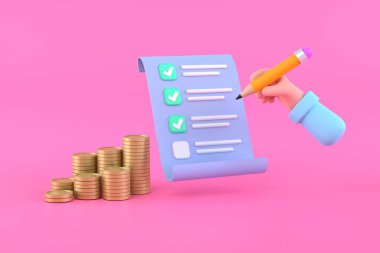3D. check list with businessman hands holding pencil, check mark, pile money dollar coin