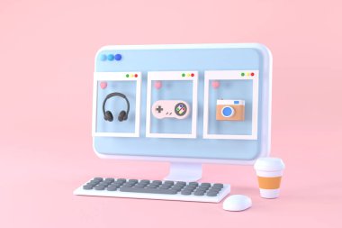 Üç boyutlu. Uygulamalar için bilgisayar ekranı düz tasarım şablonu. İnternetten alışveriş kavramı