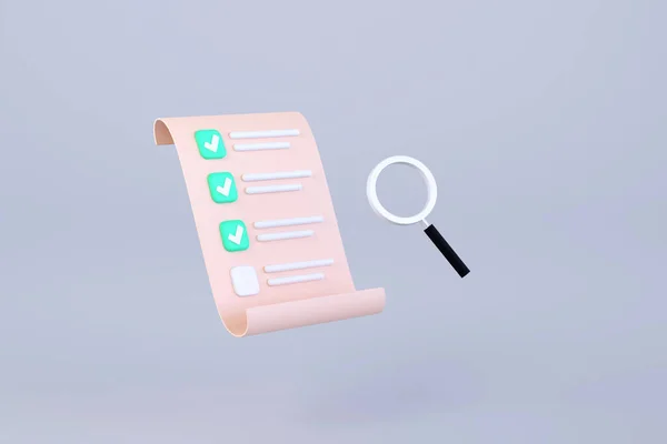 3D. checklist paper and hand holding magnifying glass. paper with check marks, tick icons.
