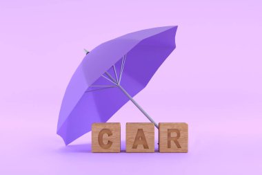 3D. purple umbrella protecting car for car insurance concep