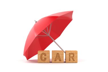 3D. red umbrella protecting car for car insurance concep