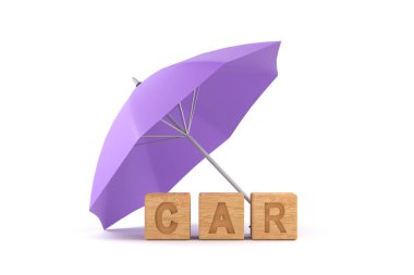 3D. purple umbrella protecting car for car insurance concep