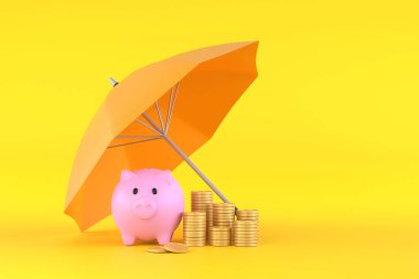 3D. Piggy bank with coins under an yellow umbrella.