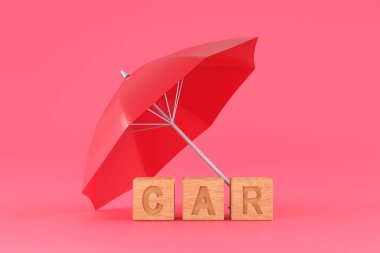 3D. red umbrella protecting car for car insurance concep