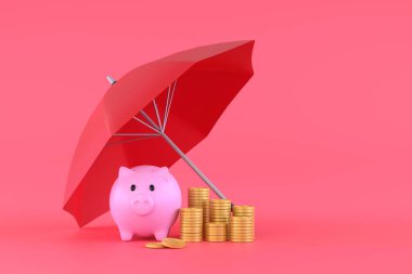 3D. Piggy bank with coins under an red umbrella.