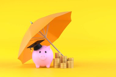 3D. Piggy bank and graduation cap with coins under an yellow umbrella.