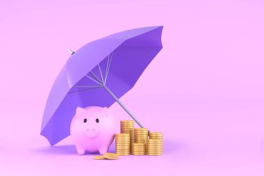 3D. Piggy bank with coins under an purple umbrella.