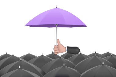 3D. Uniqueness and individuality. Hand holding a purple umbrella among people with black umbrellas.