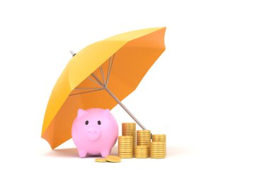 3D. Piggy bank with coins under an yellow umbrella.