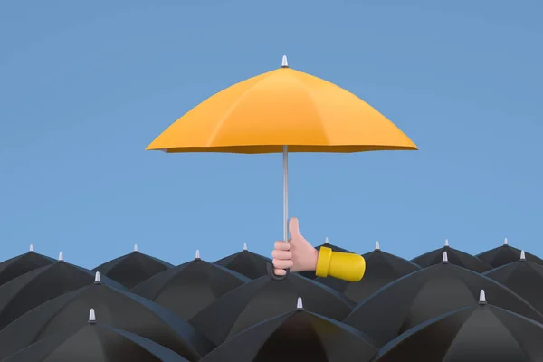 Uniqueness Individuality Hand Holding Yellow Umbrella People Black Umbrellas — Foto de Stock