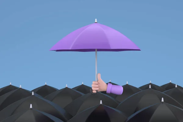 Uniqueness Individuality Hand Holding Purple Umbrella People Black Umbrellas — Stock Photo, Image