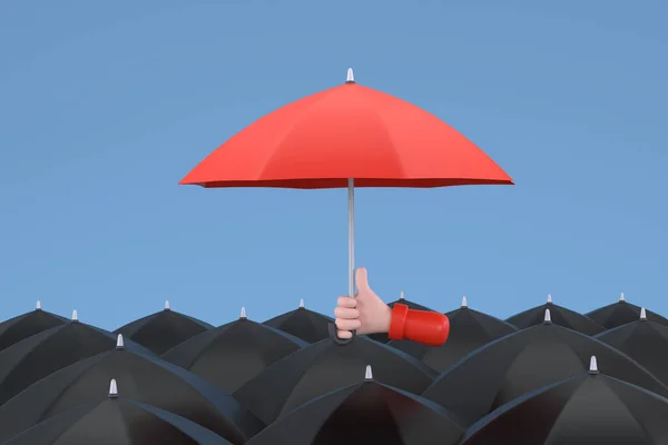 Uniqueness Individuality Hand Holding Red Umbrella People Black Umbrellas — Foto de Stock