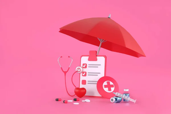 3D. stethoscope, syringe, red heart and check list under red umbrella