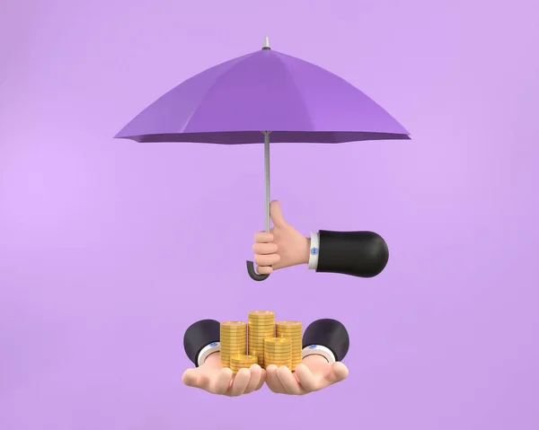 Purple Umbrella Protection Coins Hand Holding Stack Money Savings Business — Stockfoto