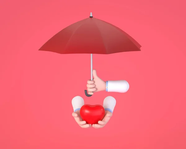 3D. Health care connection concept. Protection health. Care medical.Doctor holding an red umbrella, person protecting the heart