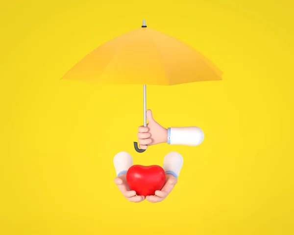 3D. Health care connection concept. Protection health. Care medical.Doctor holding an yellow umbrella, person protecting the heart