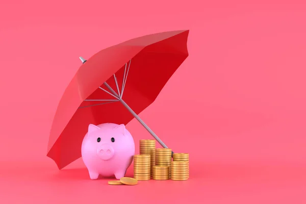 Piggy Bank Coins Red Umbrella — Fotografia de Stock