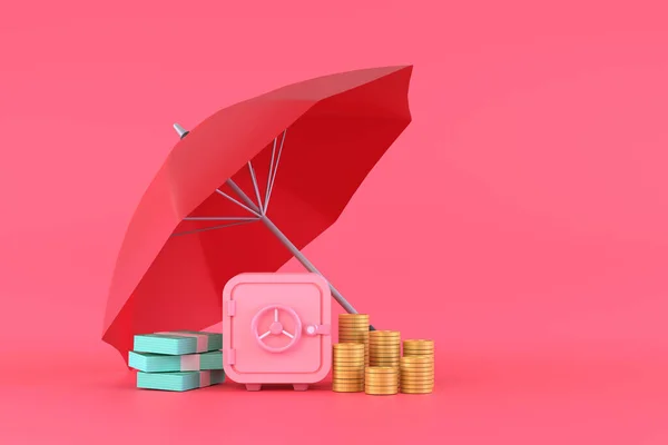 Piles Golden Coins Banknotes Safe Red Umbrella — Stockfoto