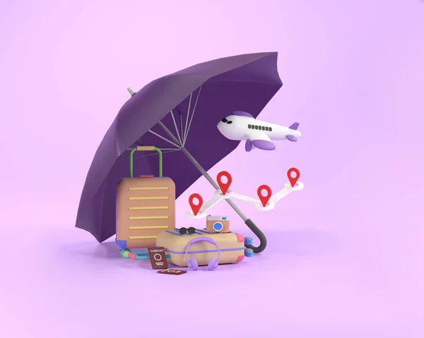 3D. Travel insurance business concept. purple umbrella cover airplane and suitcases