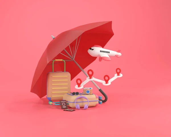 3D. Travel insurance business concept. Red umbrella cover airplane and suitcases