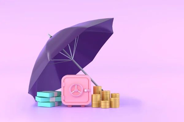 Piles Golden Coins Banknotes Safe Purple Umbrella — Stok fotoğraf