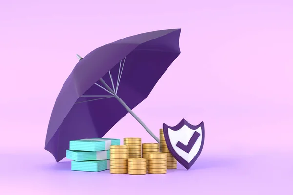 3D. Piles of golden coins, banknotes under purple umbrella.