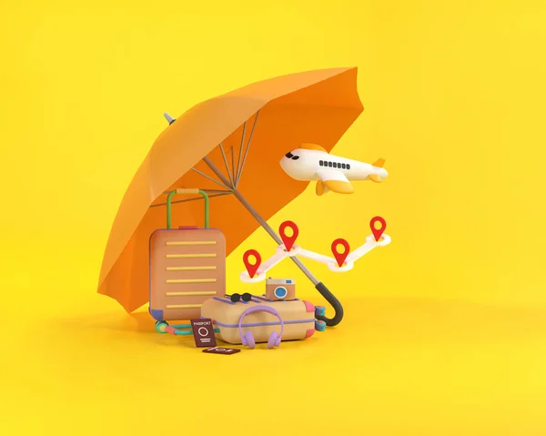 3D. Travel insurance business concept. yellow umbrella cover airplane and suitcases