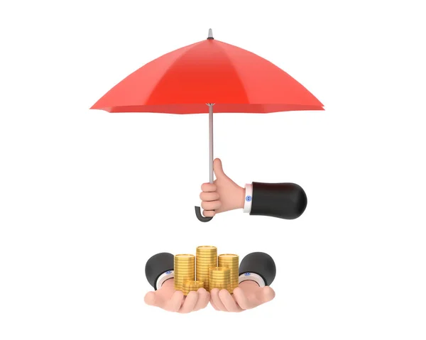 Red Umbrella Protection Coins Hand Holding Stack Money Savings Business — Stockfoto