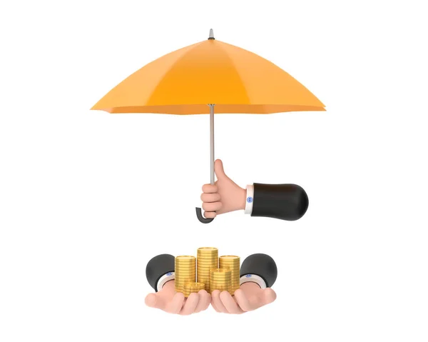 Yellow Umbrella Protection Coins Hand Holding Stack Money Savings Business — Stock Fotó