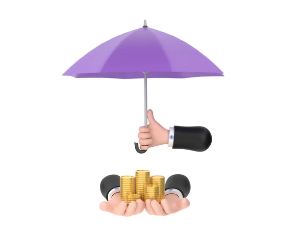 Purple Umbrella Protection Coins Hand Holding Stack Money Savings Business — Stockfoto