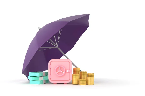 Piles Golden Coins Banknotes Safe Purple Umbrella — Foto de Stock