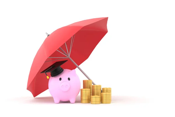 Piggy Bank Graduation Cap Coins Red Umbrella — 스톡 사진