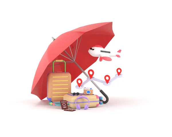 3D. Travel insurance business concept. Red umbrella cover airplane and suitcases