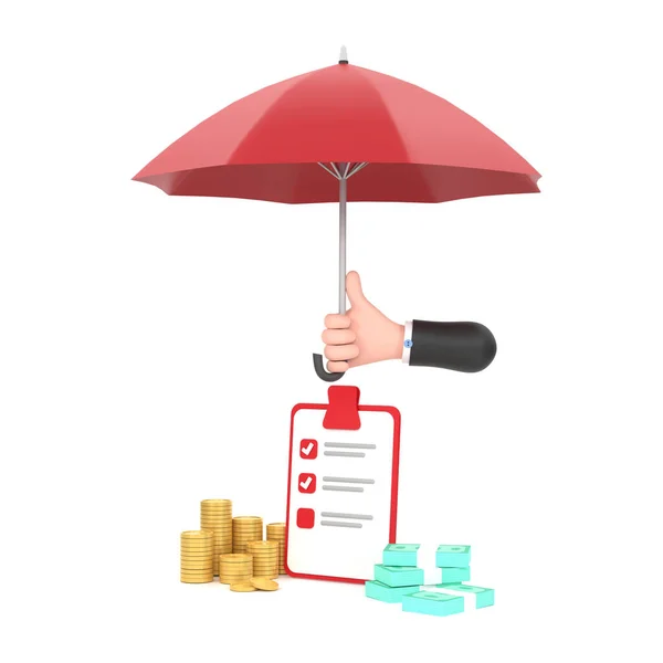 Hand Hold Red Umbrella Piles Golden Coins Banknotes — Fotografia de Stock