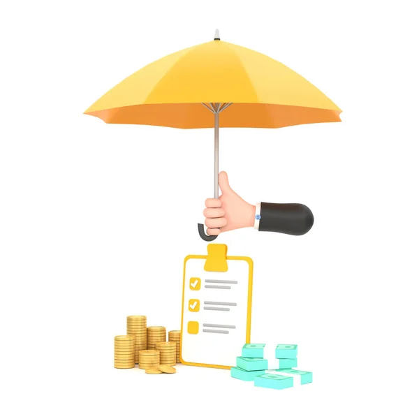 Hand Hold Yellow Umbrella Piles Golden Coins Banknotes — Stockfoto