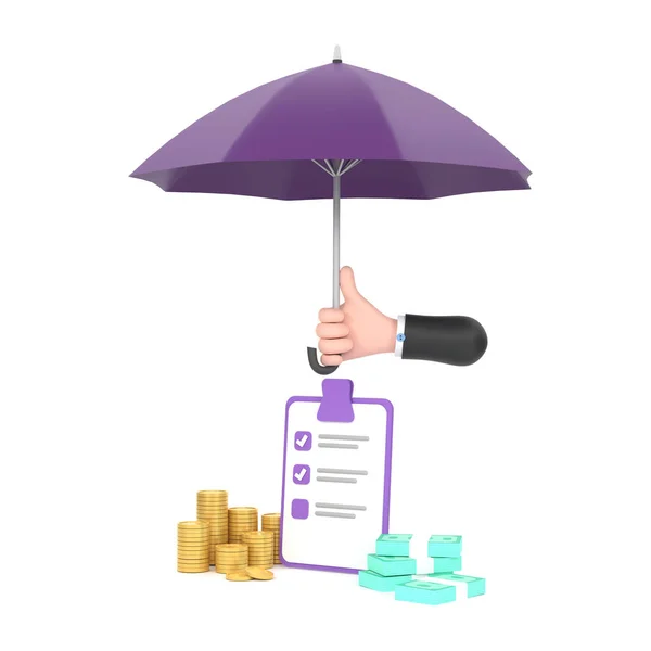 Hand Hold Purple Umbrella Piles Golden Coins Banknotes — Stockfoto