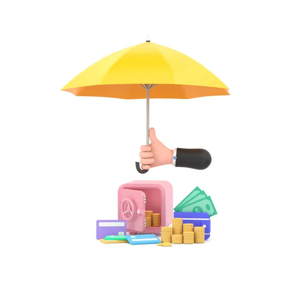 Hand Hold Yellow Umbrella Piles Golden Coins Banknotes Safe — Foto Stock
