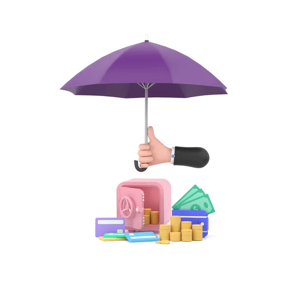 Hand Hold Purple Umbrella Piles Golden Coins Banknotes Safe — Fotografia de Stock