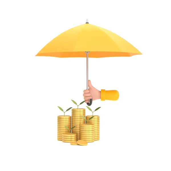 Hand Holding Yellow Umbrella Pile Coins Close Stack Coins — Stock Fotó