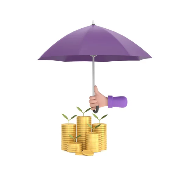 Hand Holding Purple Umbrella Pile Coins Close Stack Coins — Stock Photo, Image