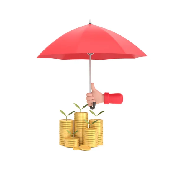 Hand Holding Red Umbrella Pile Coins Close Stack Coins — Stockfoto