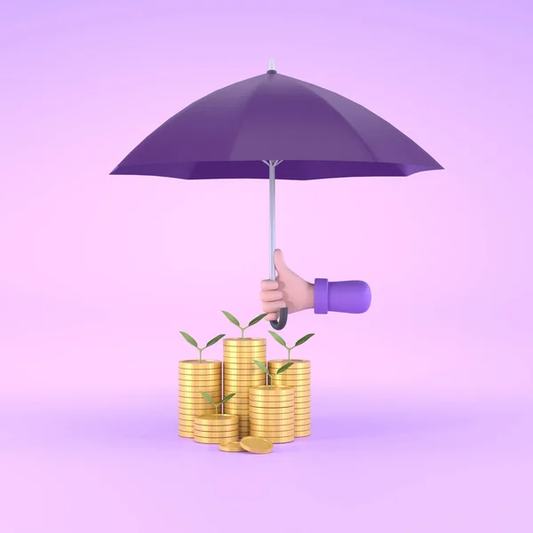 Hand Holding Purple Umbrella Pile Coins Close Stack Coins — Stockfoto